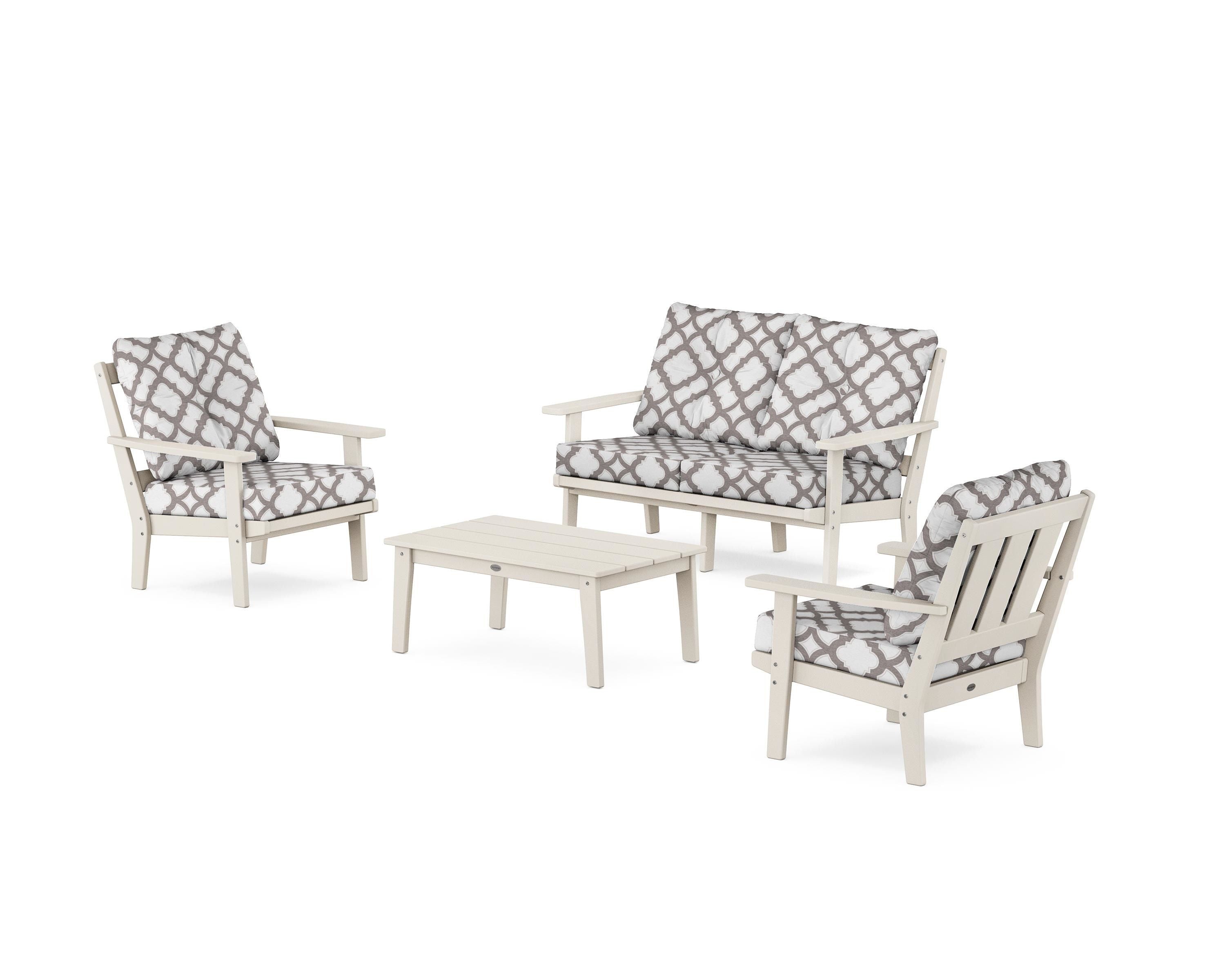POLYWOOD® Oxford 4-Piece Deep Seating Set with Loveseat in Sand / Trellis Grey Mist