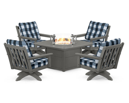 POLYWOOD® Vineyard 5-Piece Deep Seating Swivel Conversation Set with Fire Pit Table in Slate Grey / Buffalo Plaid Marine Indigo