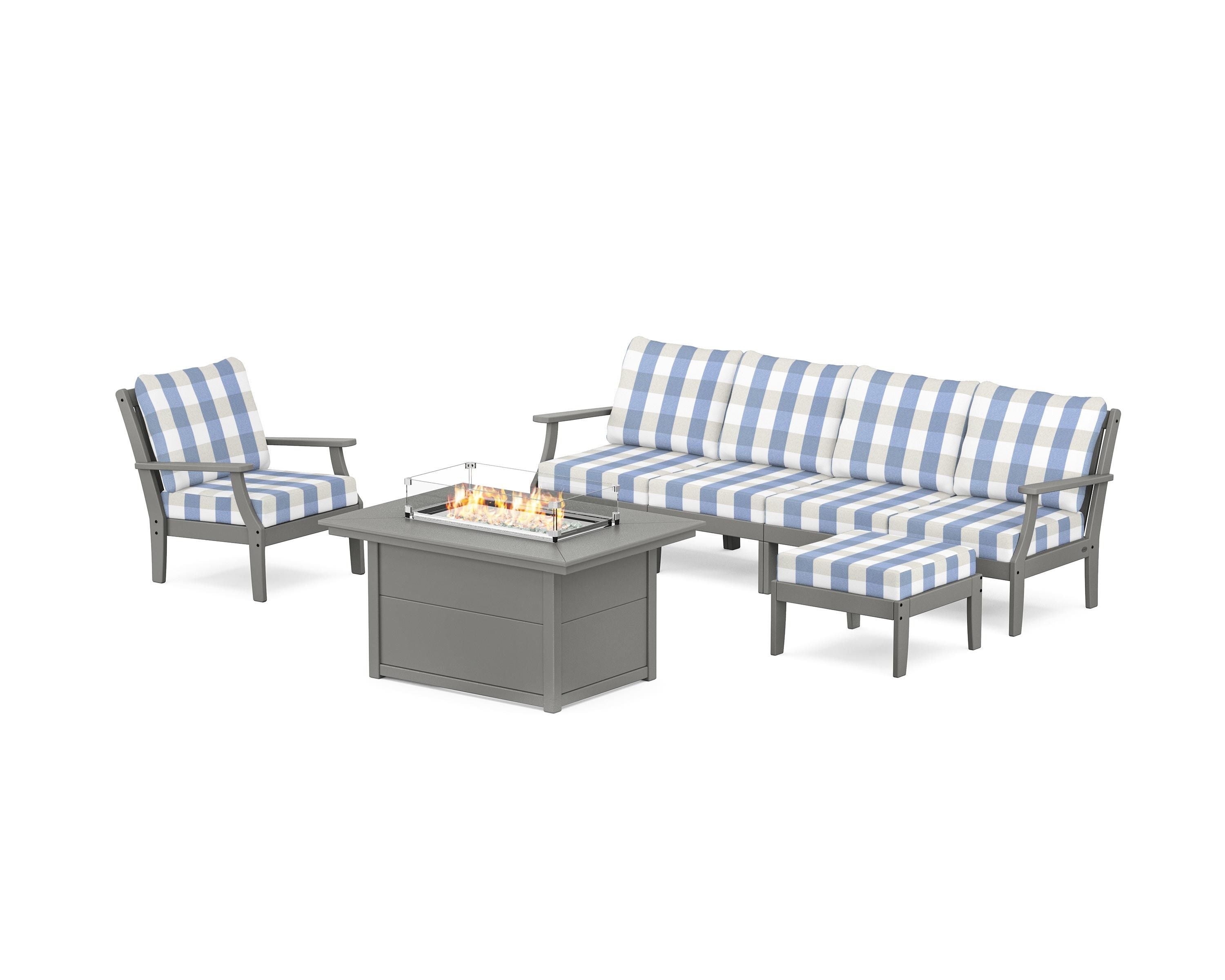 POLYWOOD® Braxton Sectional Lounge and Fire Pit Set in Slate Grey / Buffalo Plaid Sky Blue