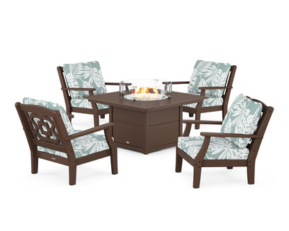 Martha Stewart by POLYWOOD® Chinoiserie 5-Piece Deep Seating Set with Fire Pit Table in Mahogany / Leaf Glacier Spa