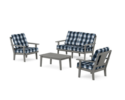 POLYWOOD® Prairie 4-Piece Deep Seating Set with Loveseat in Slate Grey / Buffalo Plaid Marine Indigo
