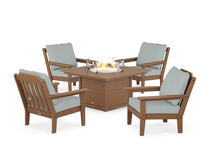 Country Living Cottage 5-Piece Deep Seating Set with Fire Pit Table in Teak / Spa