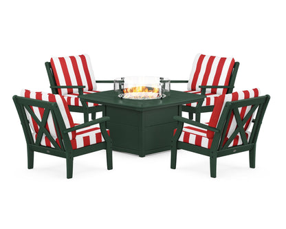 POLYWOOD® Braxton 5-Piece Deep Seating Conversation Set with Fire Pit Table in Green / Cabana Stripe Crimson