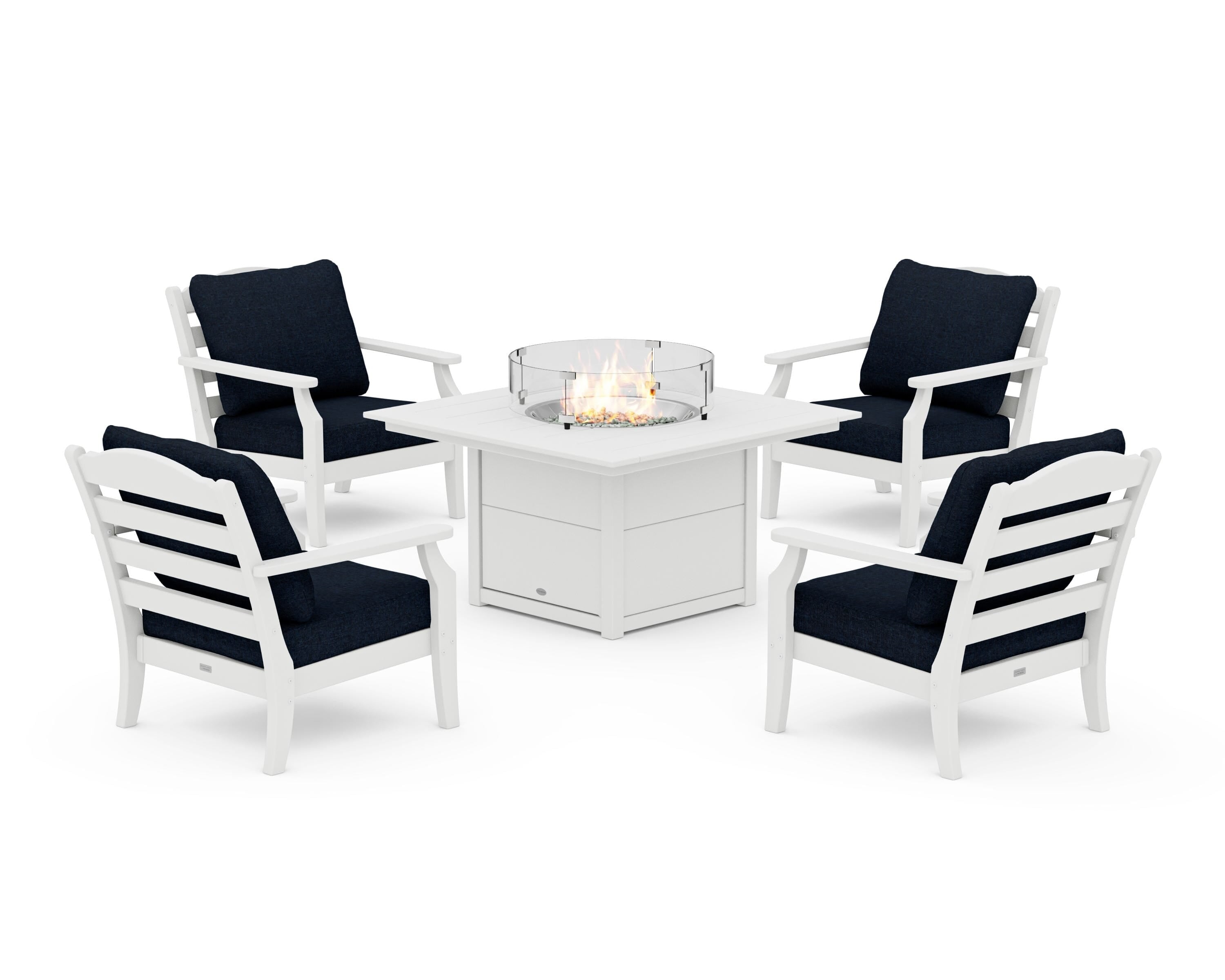 Draper James™ by  POLYWOOD® Savannah 5-Piece Deep Seating Set with Fire Pit Table in White / Marine Indigo