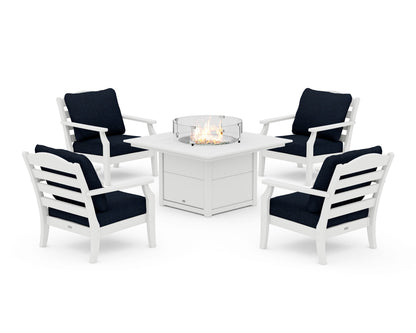 Draper James™ by  POLYWOOD® Savannah 5-Piece Deep Seating Set with Fire Pit Table in White / Marine Indigo