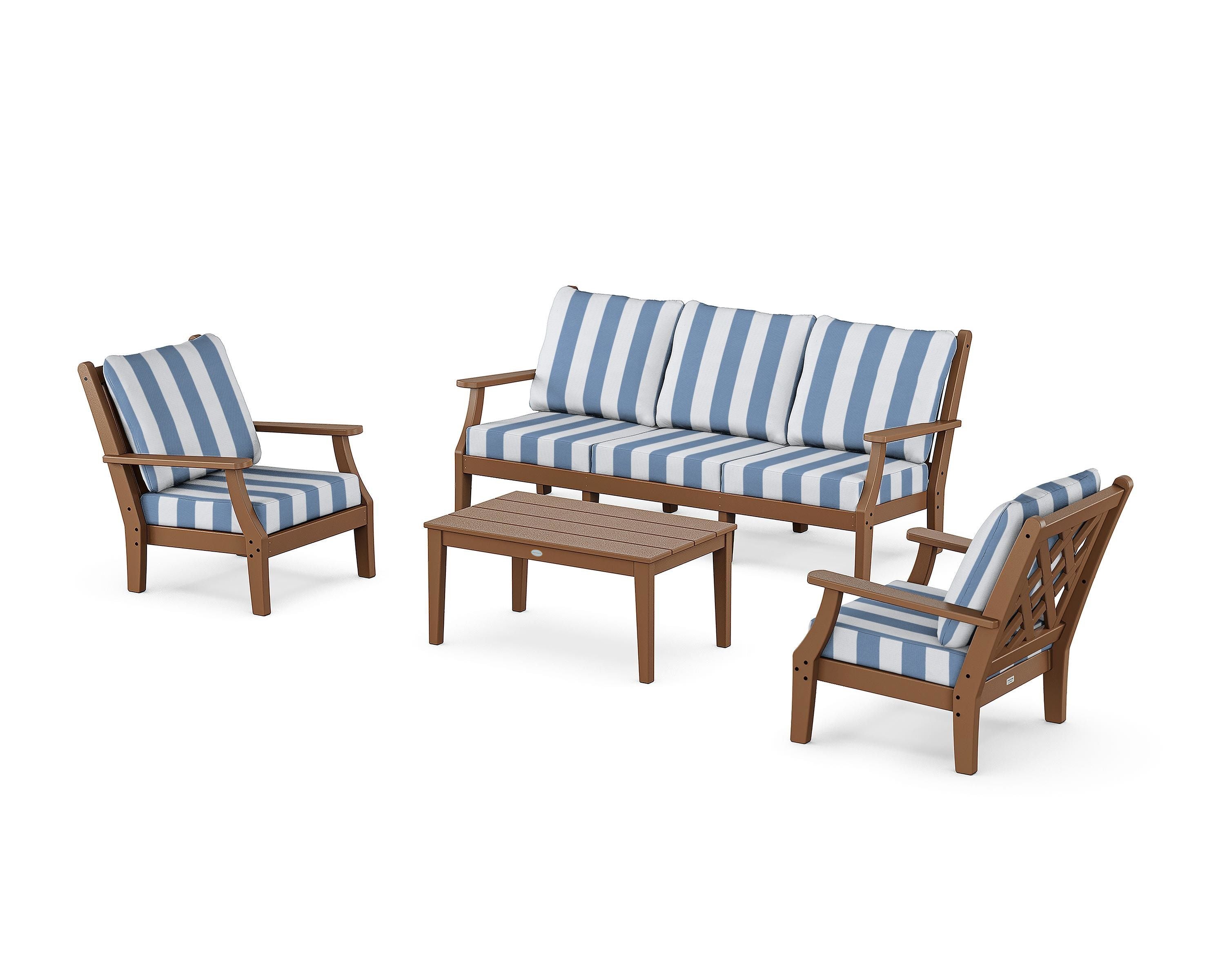 Country Living Wovendale 4-Piece Deep Seating Set with Sofa in Teak / Cabana Stripe Sky Blue