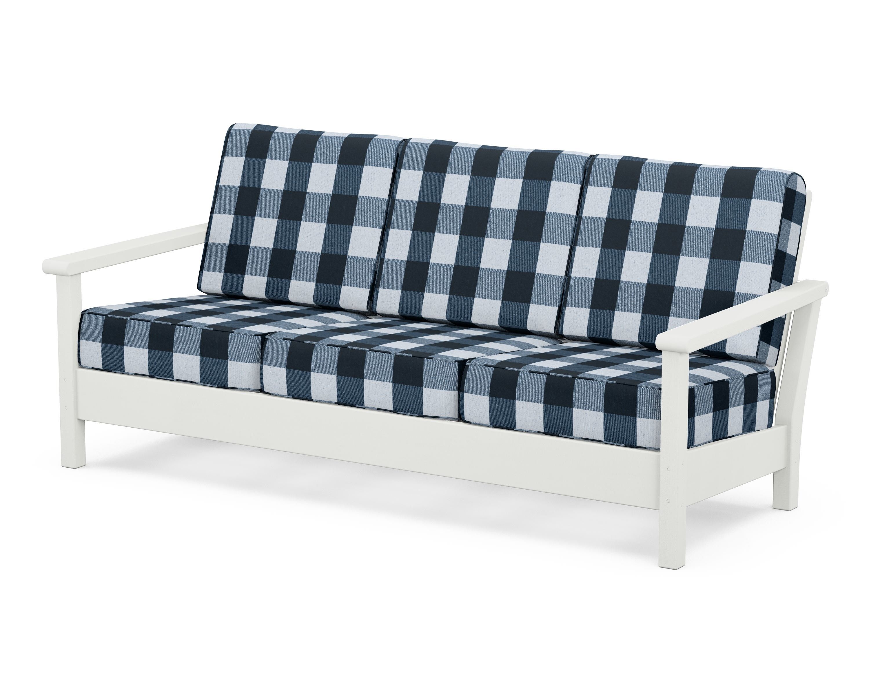 POLYWOOD® Harbour Deep Seating Sofa in Vintage White / Buffalo Plaid Marine Indigo