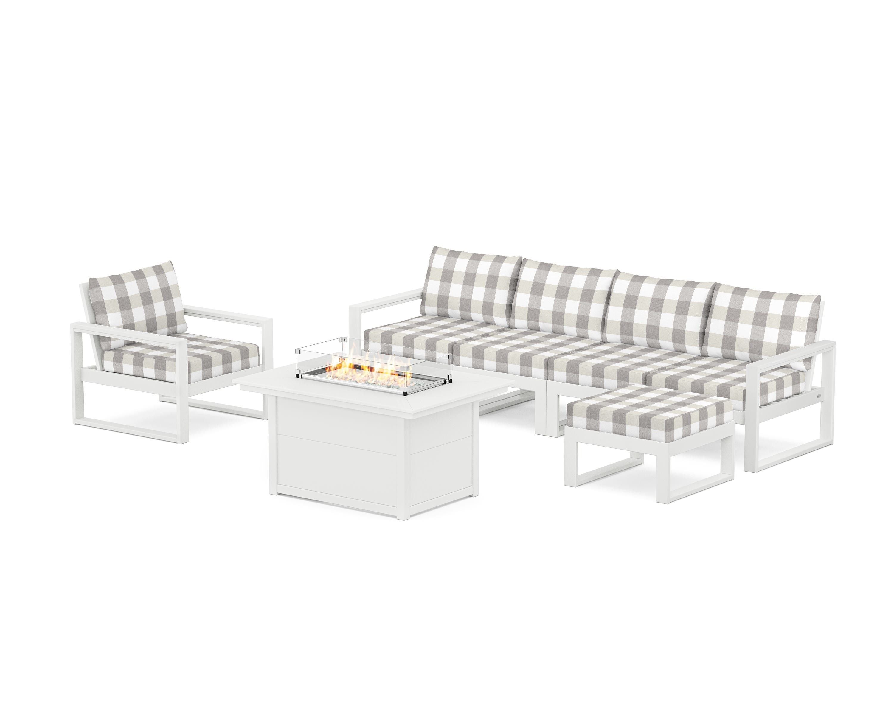 POLYWOOD® EDGE Sectional Lounge and Fire Pit Set in White / Buffalo Plaid Grey Mist