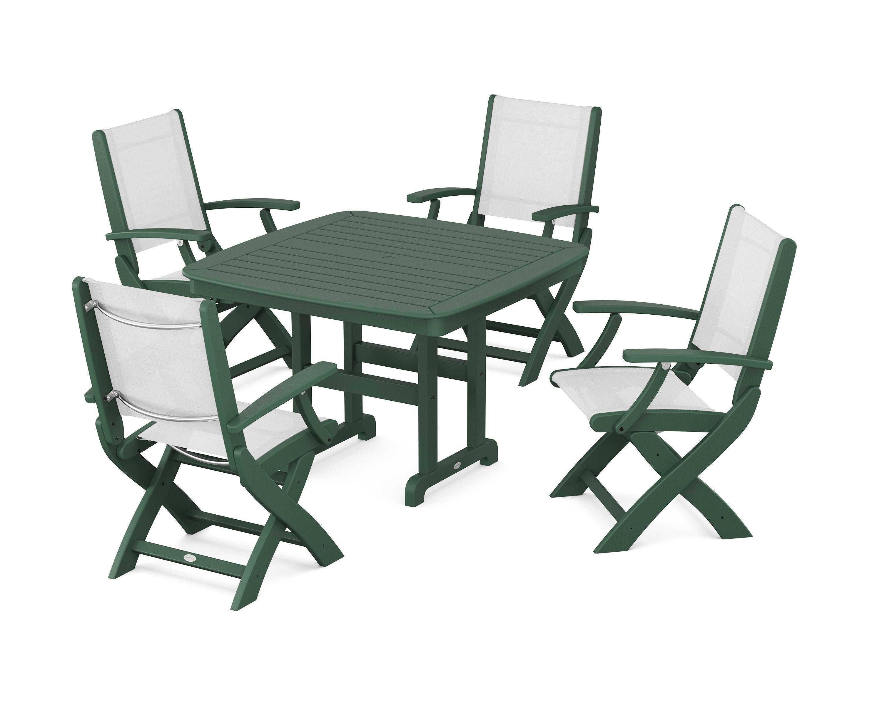 POLYWOOD® Coastal Folding Chair 5-Piece Dining Set in Green / White Sling