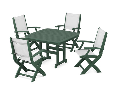 POLYWOOD® Coastal Folding Chair 5-Piece Dining Set in Green / White Sling