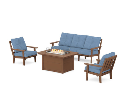 POLYWOOD® Oxford Deep Seating Fire Pit Table Set in Teak / Sky Blue