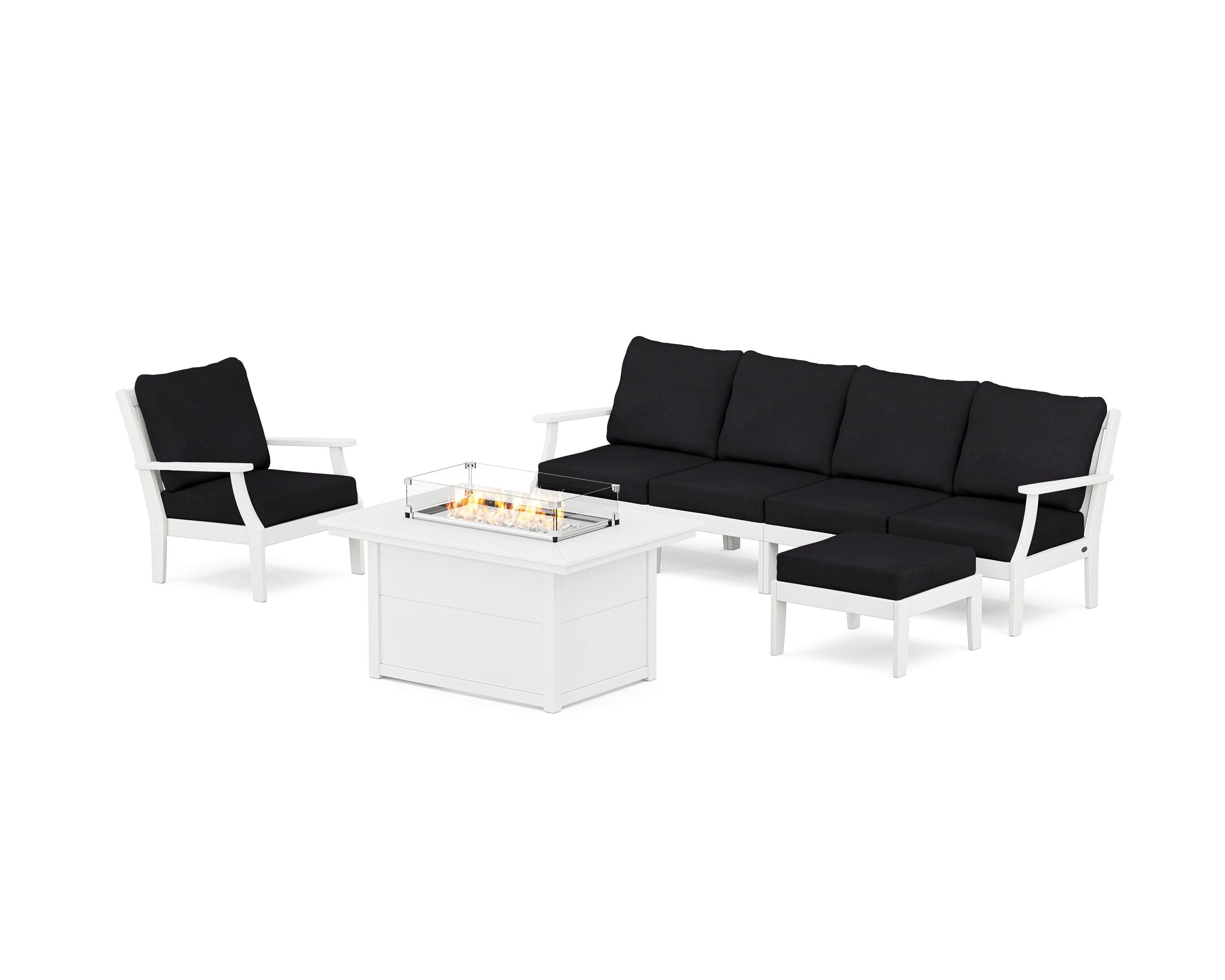 POLYWOOD® Braxton Sectional Lounge and Fire Pit Set in White / Midnight Linen