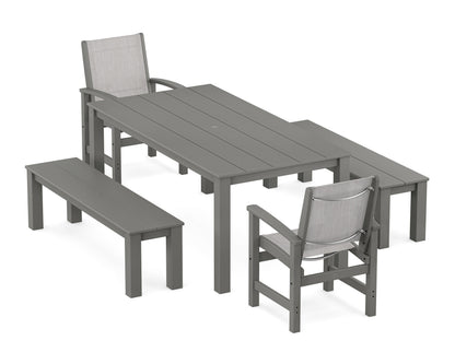 POLYWOOD® Coastal 5-Piece Parsons Dining Set with Benches in Green / Black Sling