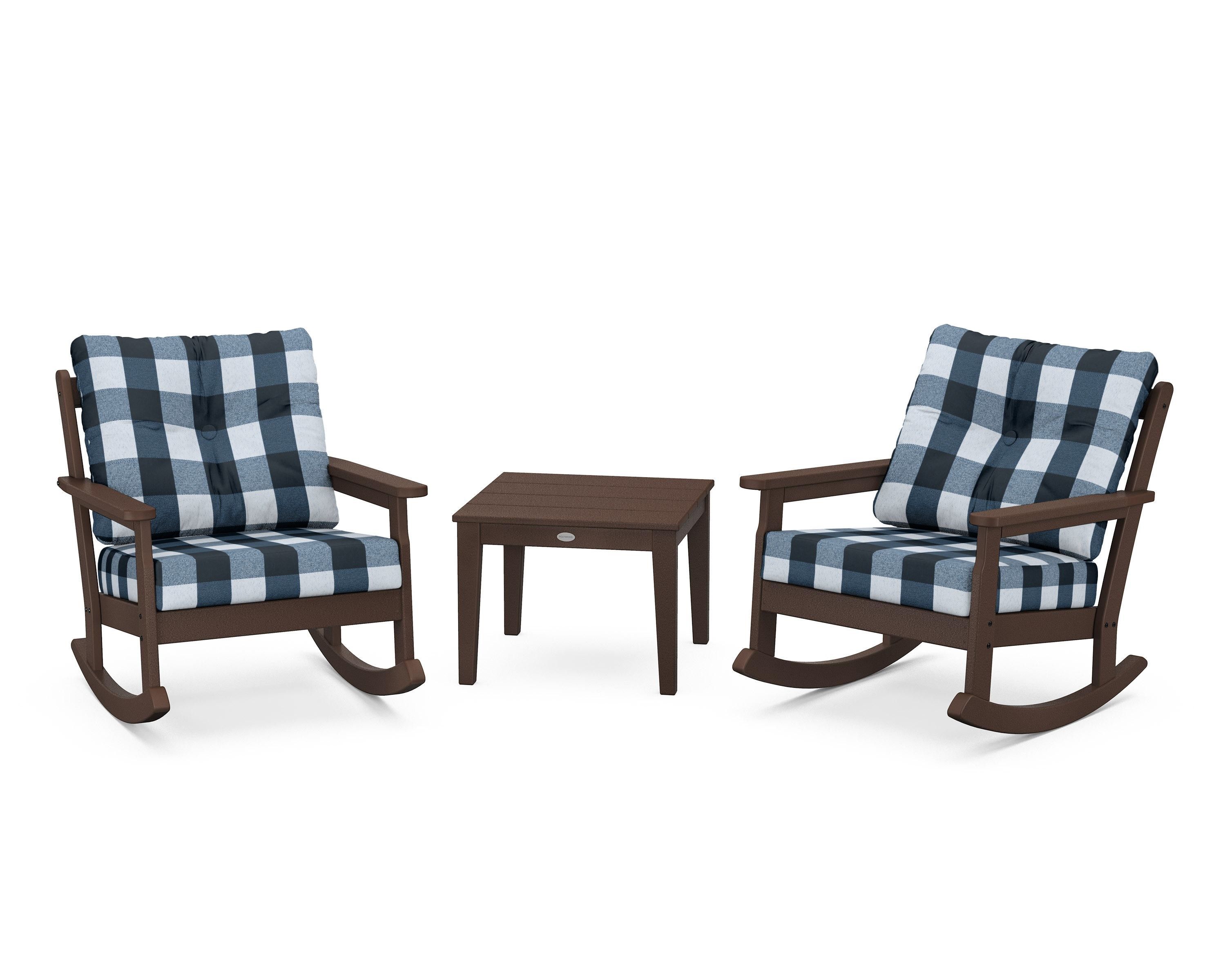 POLYWOOD® Vineyard 3-Piece Deep Seating Rocker Set in Mahogany / Buffalo Plaid Marine Indigo