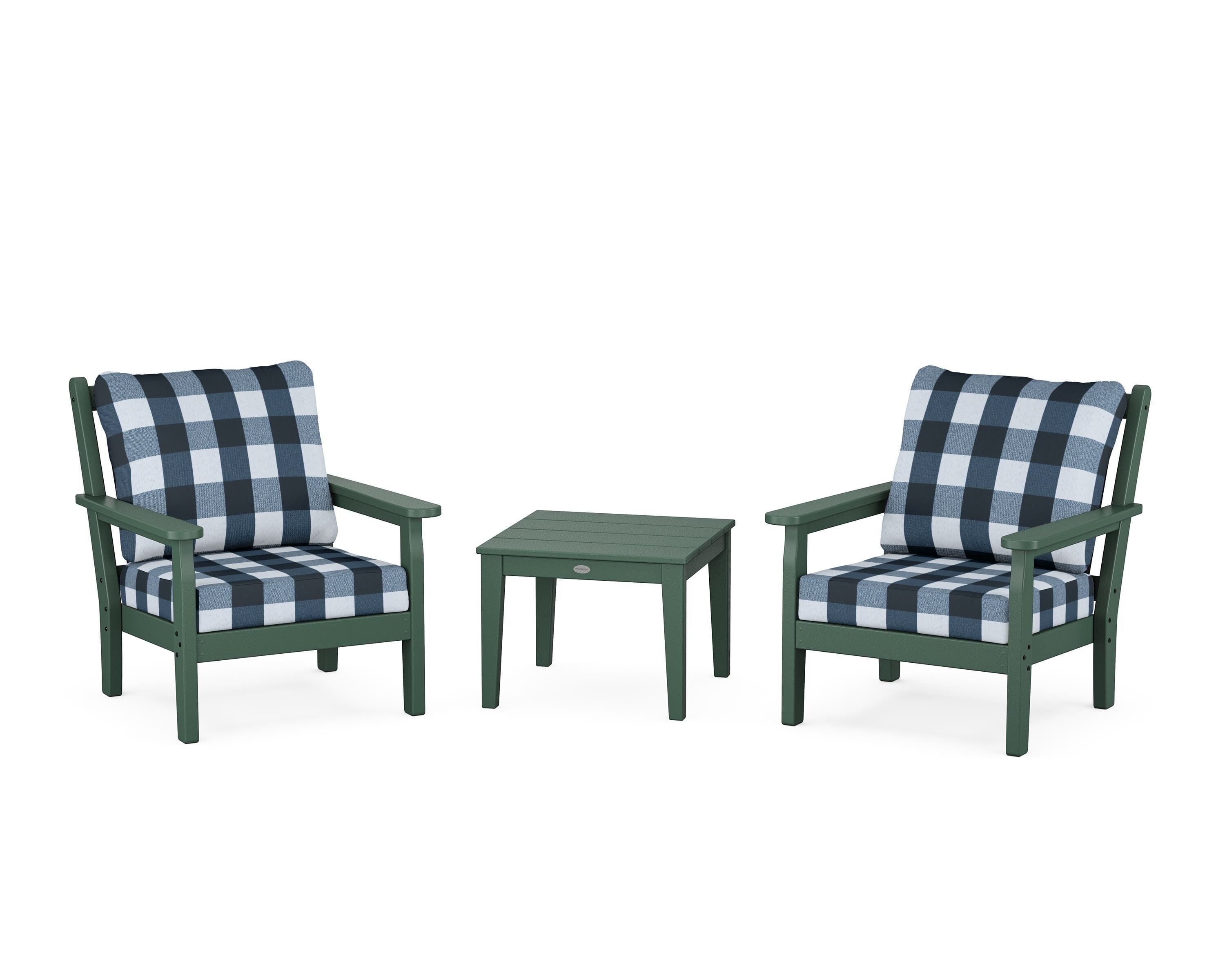 POLYWOOD® Chippendale 3-Piece Deep Seating Set in Green / Buffalo Plaid Marine Indigo