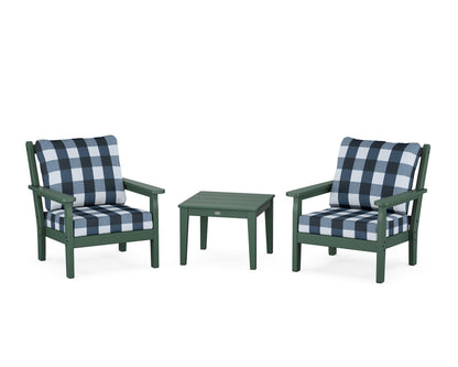 POLYWOOD® Chippendale 3-Piece Deep Seating Set in Green / Buffalo Plaid Marine Indigo