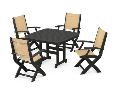 POLYWOOD® Coastal Folding Chair 5-Piece Dining Set in Black / Dupioni Apricot Sling
