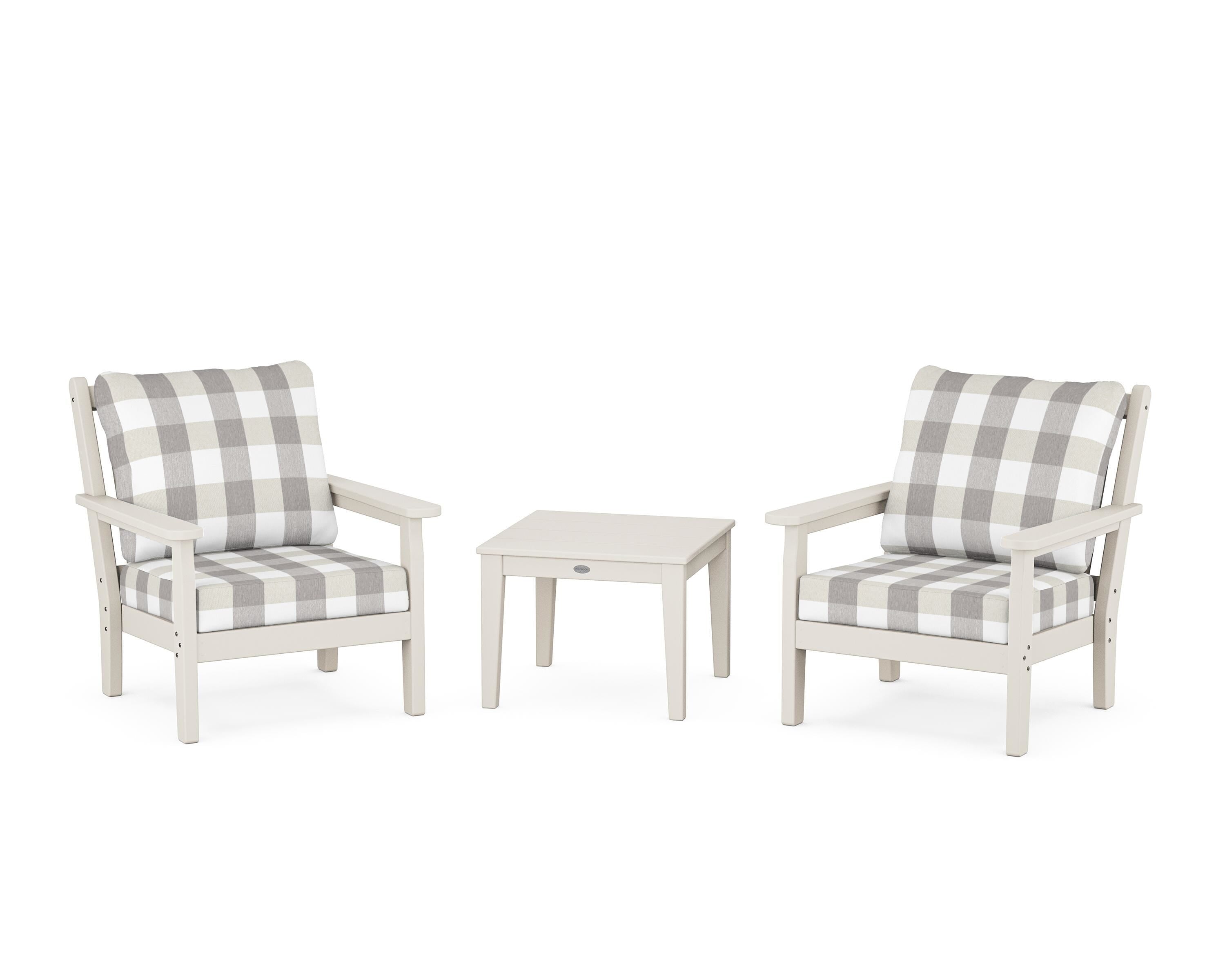 POLYWOOD® Chippendale 3-Piece Deep Seating Set in Sand / Buffalo Plaid Grey Mist