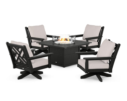 POLYWOOD® Chippendale 5-Piece Deep Seating Swivel Conversation Set with Fire Pit Table in Black / Dune Burlap