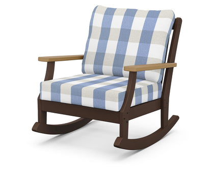 POLYWOOD® Braxton Deep Seating Rocking Chair in Mahogany / Natural / Buffalo Plaid Sky Blue
