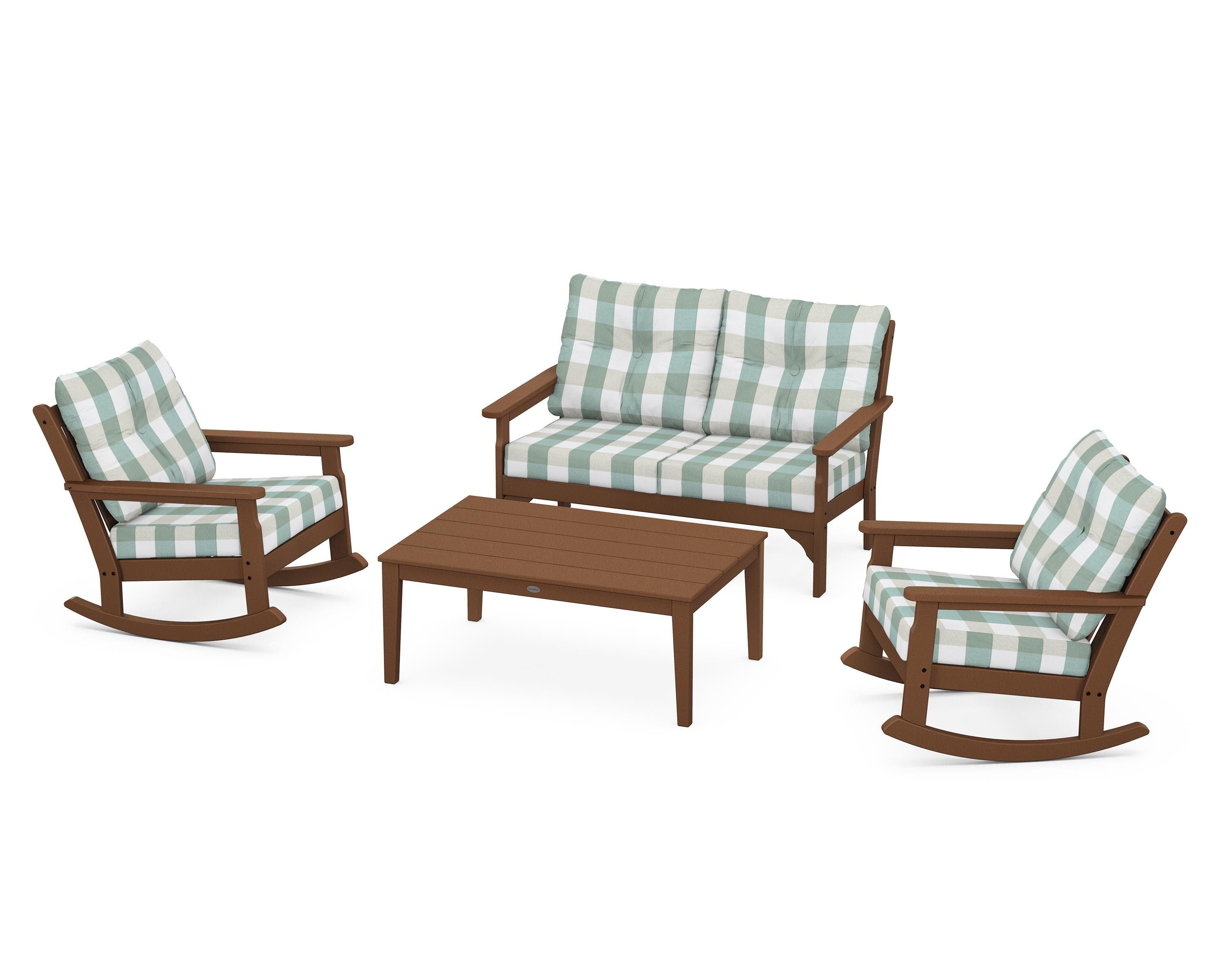 POLYWOOD® Vineyard 4-Piece Deep Seating Rocking Chair Set in Teak / Buffalo Plaid Glacier Spa