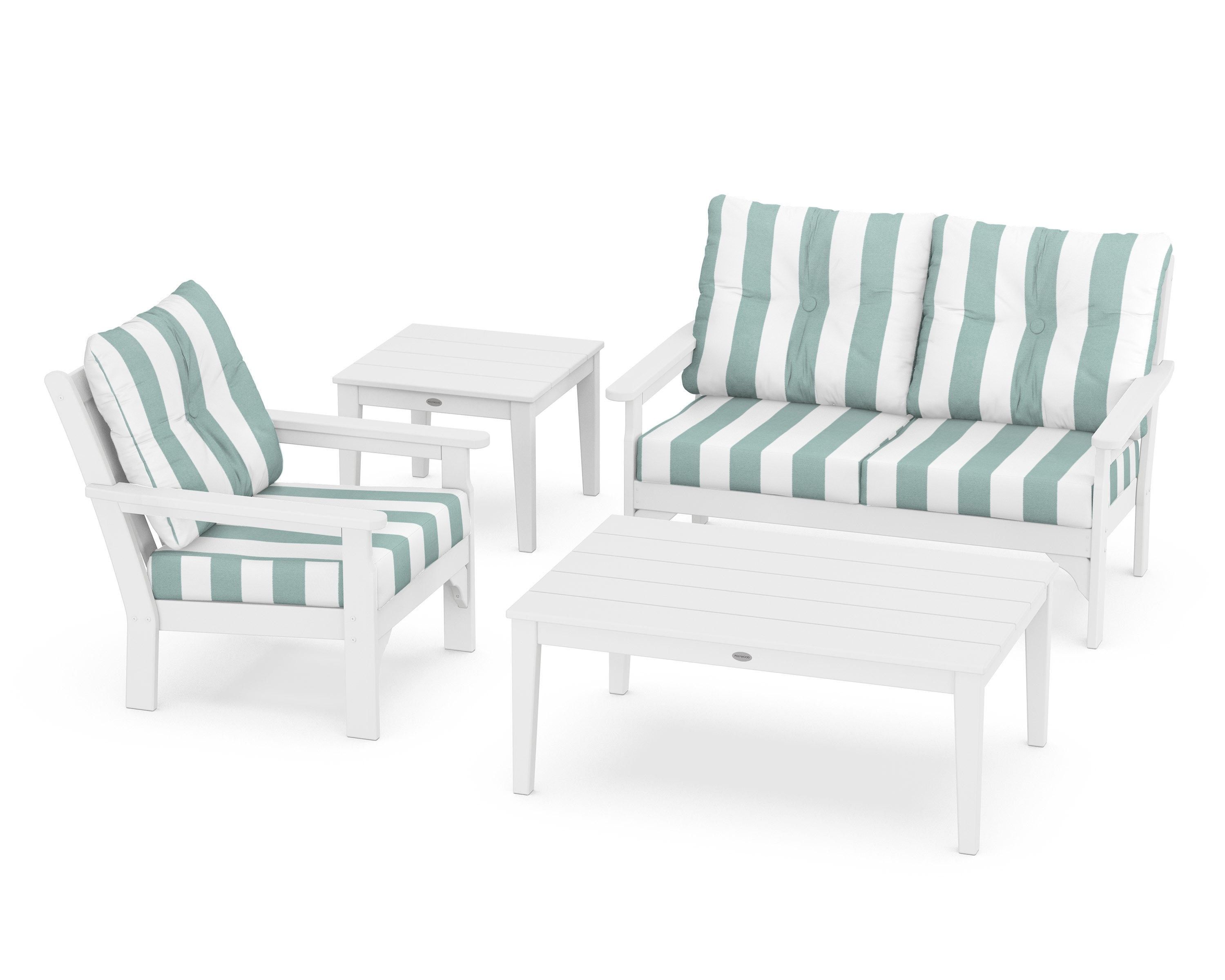 POLYWOOD® Vineyard 4-Piece Deep Seating Set in White / Cabana Stripe Glacier Spa