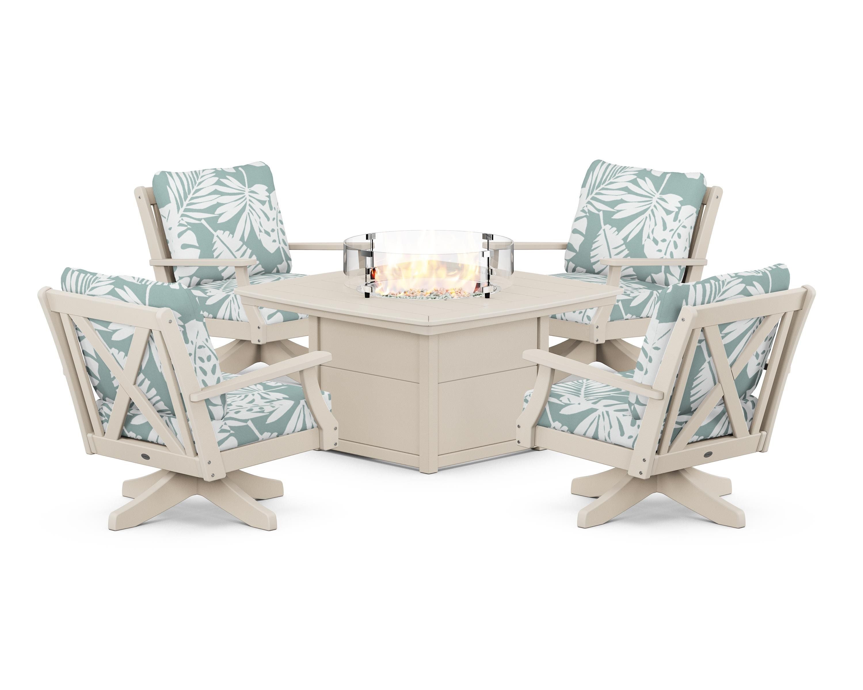 POLYWOOD® Braxton 5-Piece Deep Seating Swivel Conversation Set with Fire Pit Table in Sand / Leaf Glacier Spa