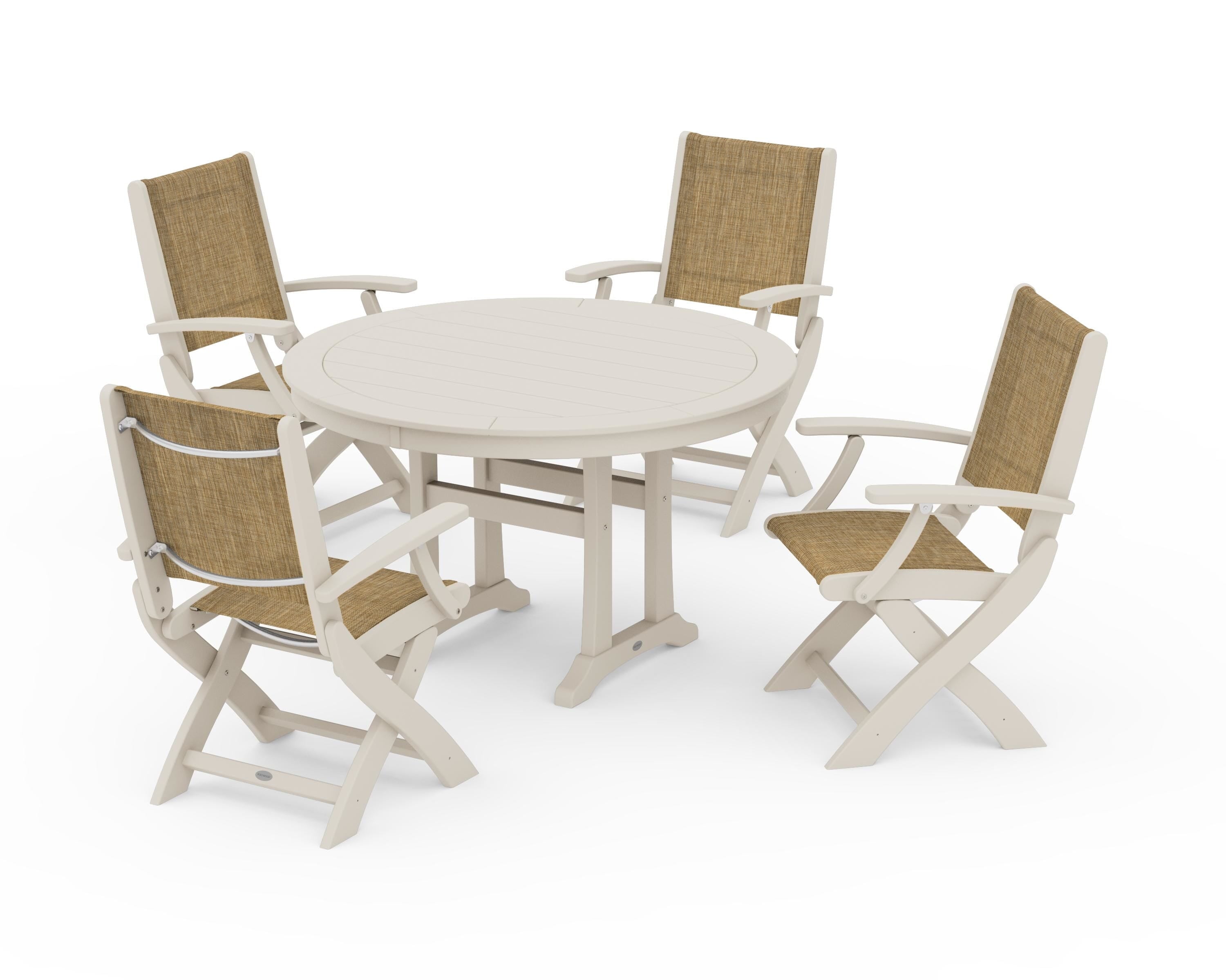 POLYWOOD® Coastal Folding Chair 5-Piece Round Dining Set with Trestle Legs in Sand / Burlap Sling