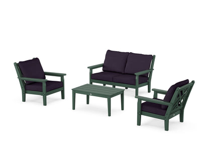 POLYWOOD® Chippendale 4-Piece Deep Seating Set with Loveseat in Green / Navy Linen