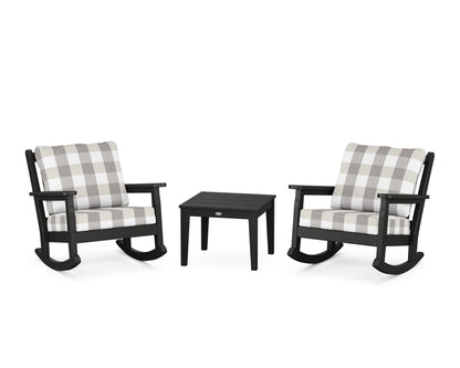 POLYWOOD® Chippendale 3-Piece Deep Seating Rocker Set in Black / Buffalo Plaid Grey Mist