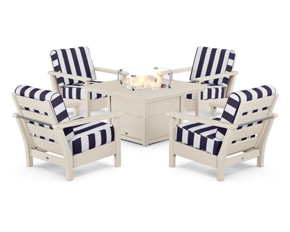 POLYWOOD® Harbour 5-Piece Conversation Set with Fire Pit Table in Sand / Cabana Stripe Navy