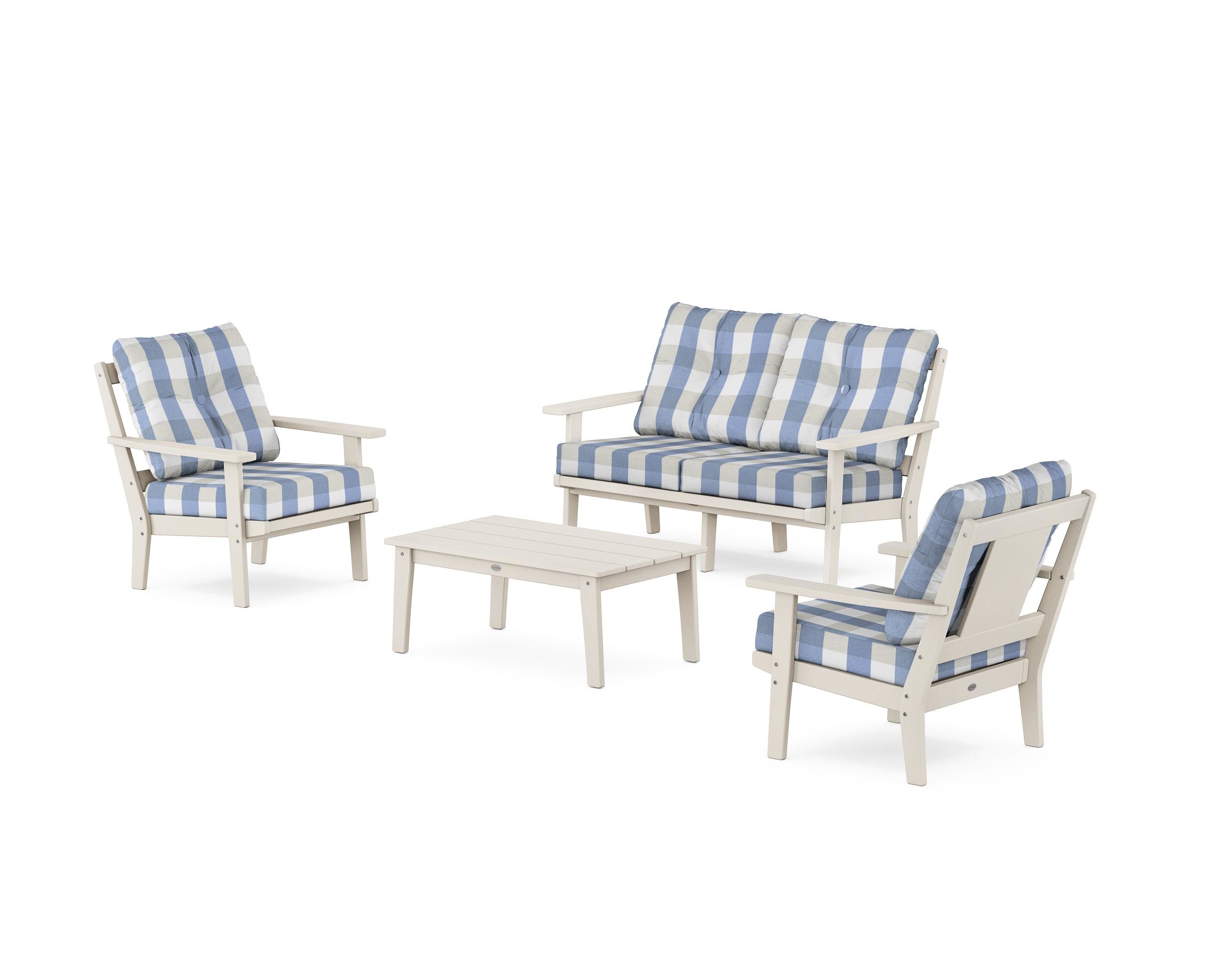 POLYWOOD® Prairie 4-Piece Deep Seating Set with Loveseat in Sand / Buffalo Plaid Sky Blue
