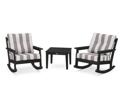 POLYWOOD® Vineyard 3-Piece Deep Seating Rocker Set in Black / Cabana Stripe Grey Mist