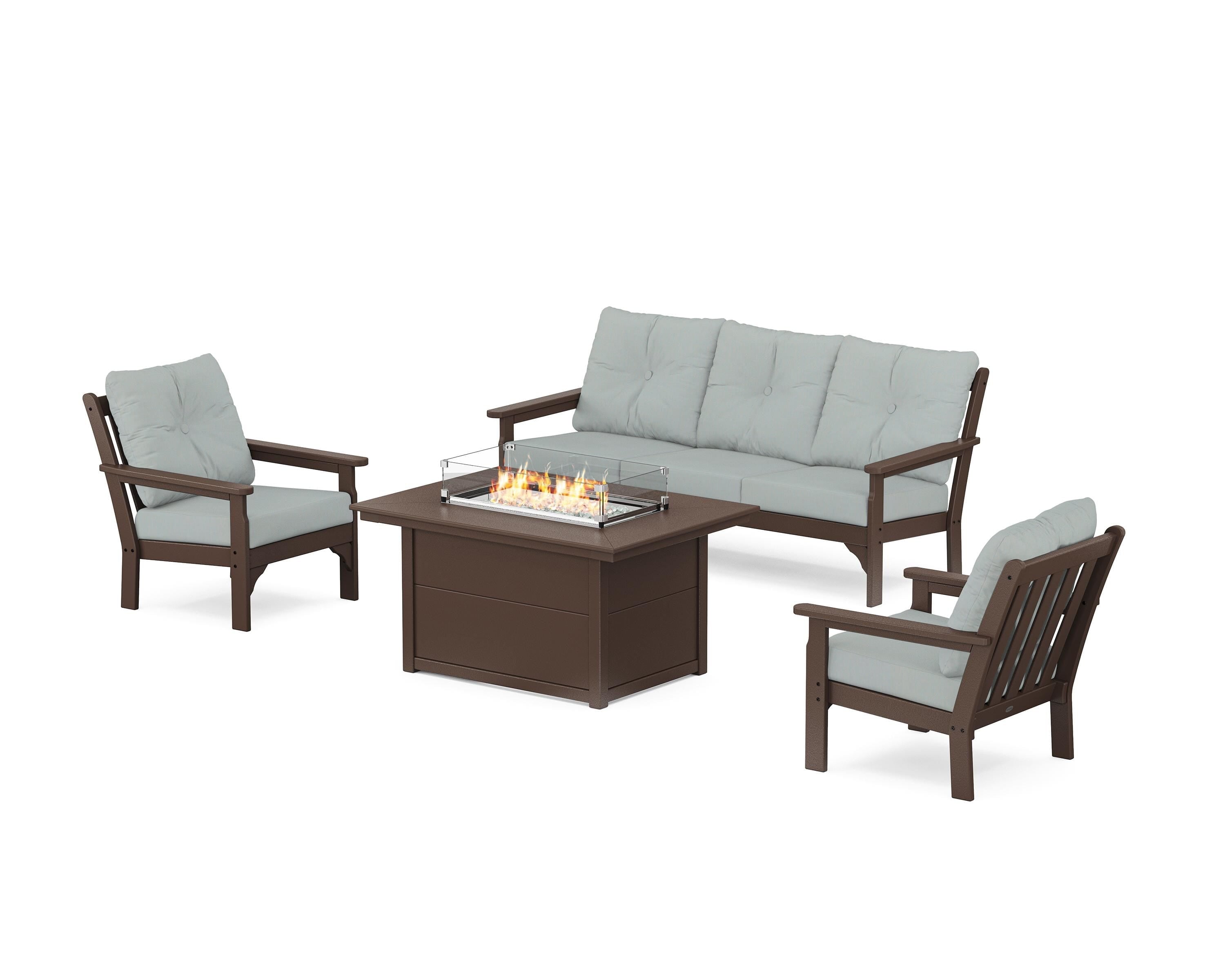 POLYWOOD® Vineyard Deep Seating Fire Pit Table Set in Mahogany / Spa