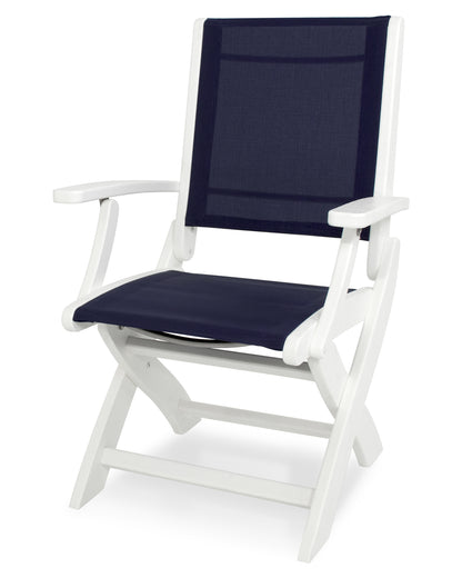 POLYWOOD® Coastal Folding Chair in White / Navy Blue Sling