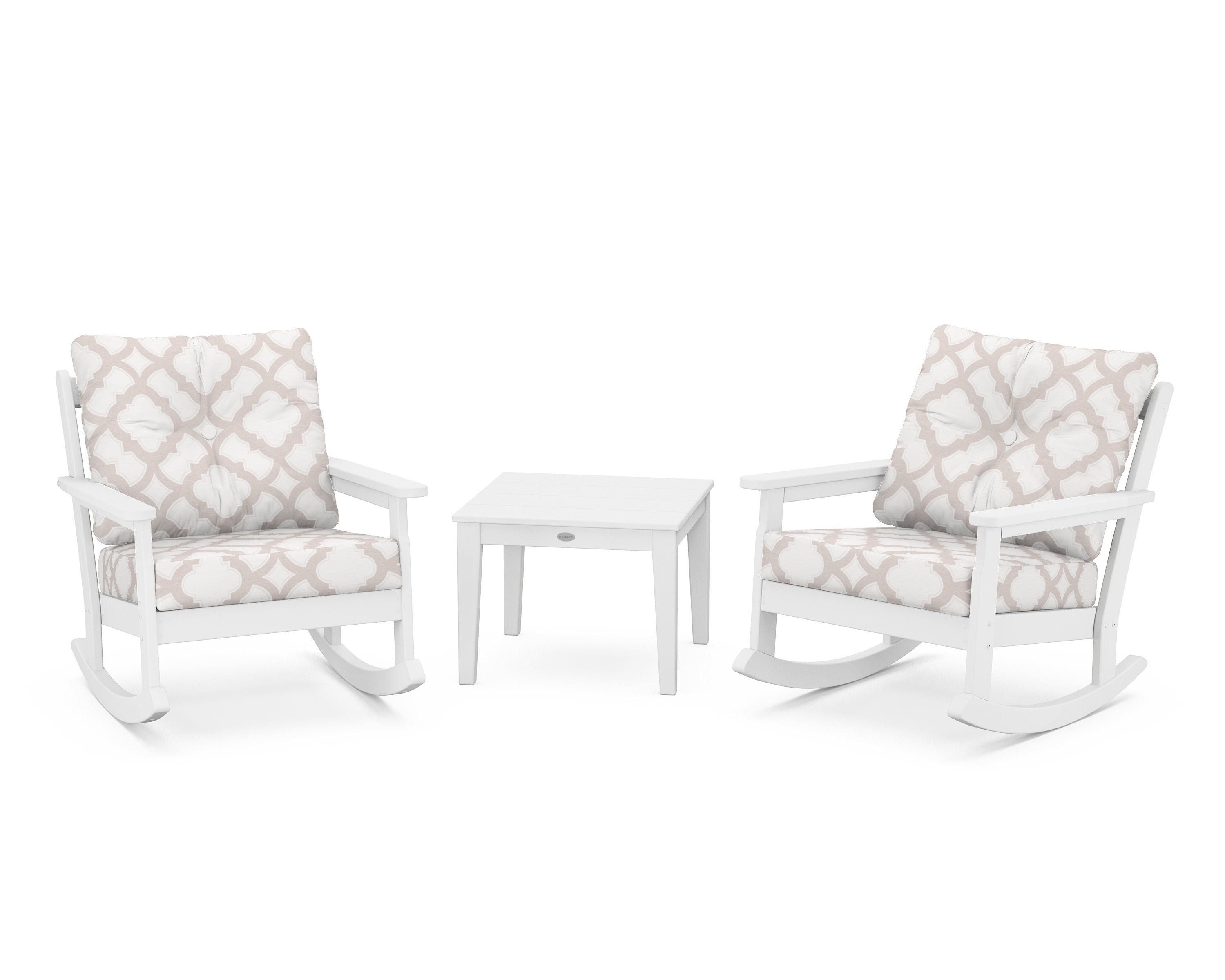 POLYWOOD® Vineyard 3-Piece Deep Seating Rocker Set in White / Trellis Dune Burlap