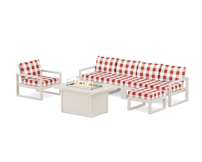 POLYWOOD® EDGE Sectional Lounge and Fire Pit Set in Sand / Buffalo Plaid Crimson
