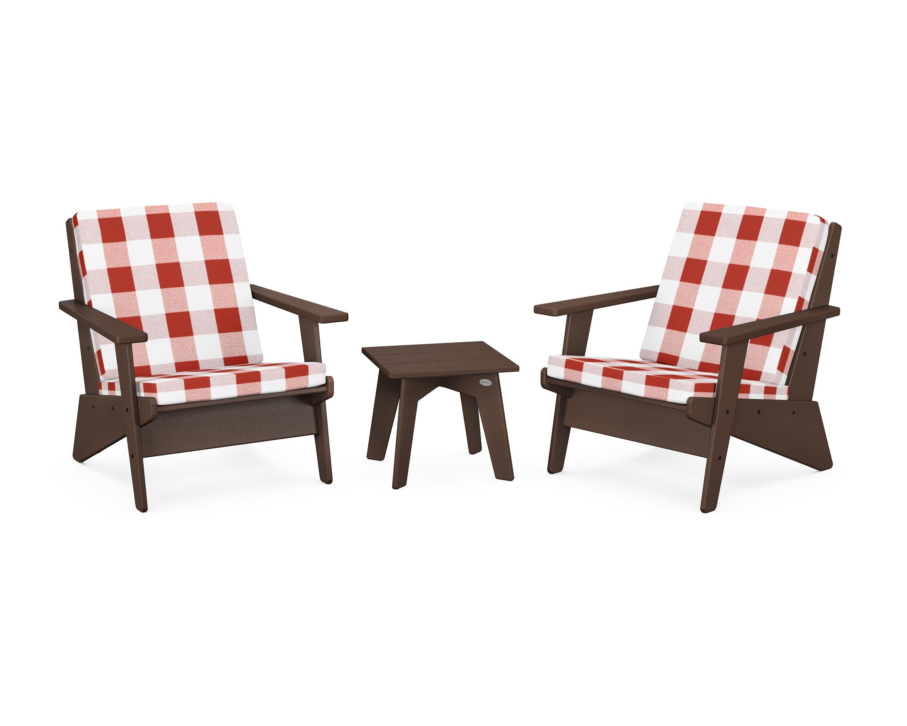 POLYWOOD® Riviera Modern Lounge 3-Piece Set in Mahogany / Buffalo Plaid Crimson