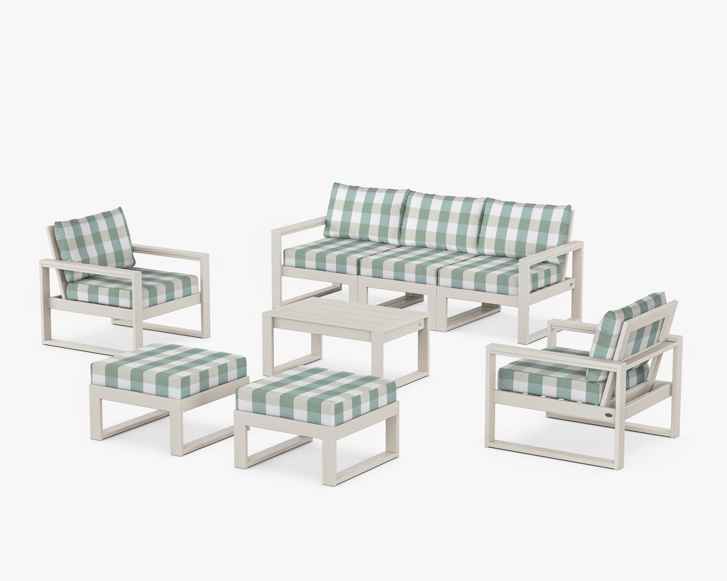 POLYWOOD® EDGE Sectional 8-Piece Lounge Sofa Set in Sand / Buffalo Plaid Glacier Spa