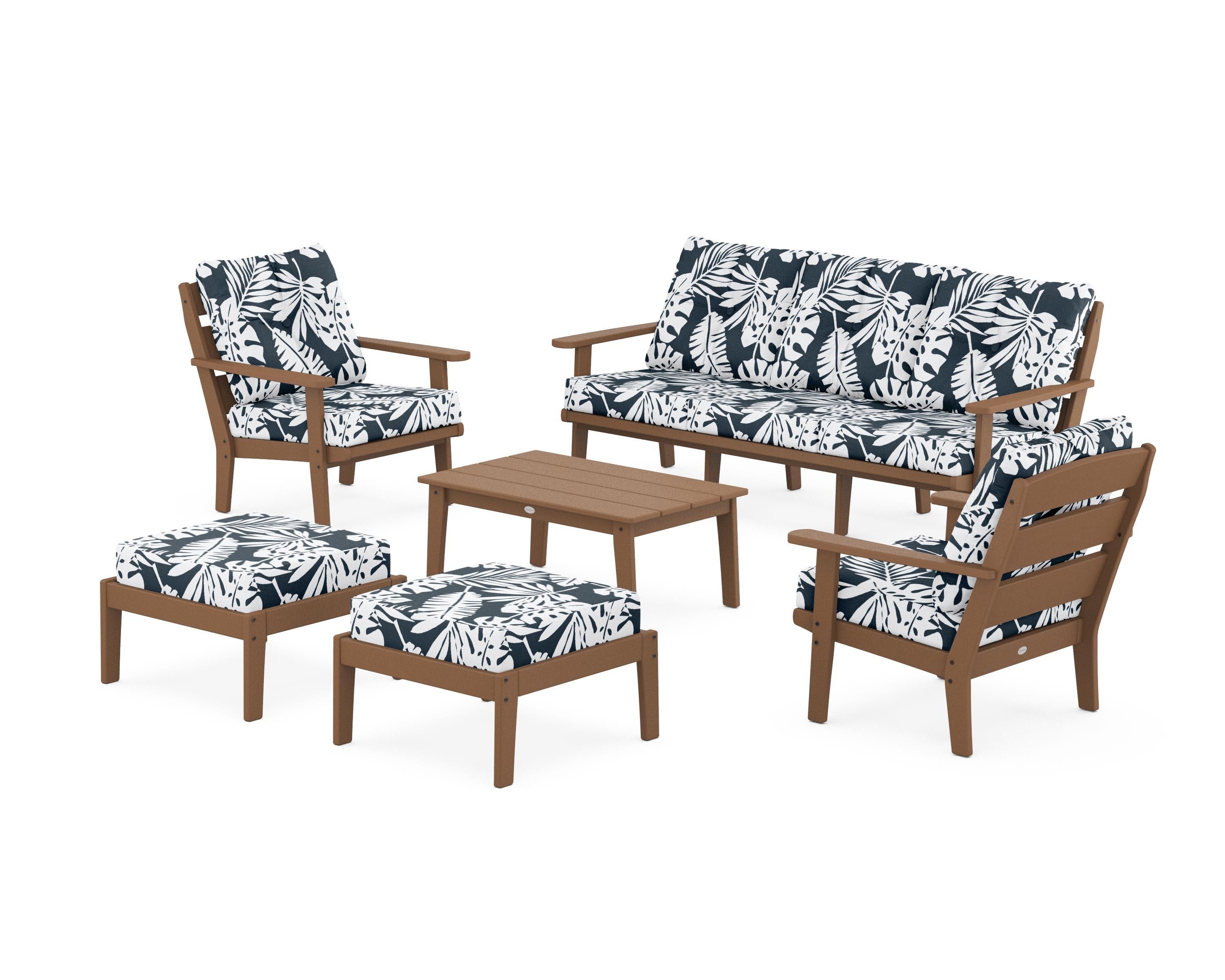 POLYWOOD® Lakeside 6-Piece Lounge Sofa Set in Teak / Leaf Marine Indigo