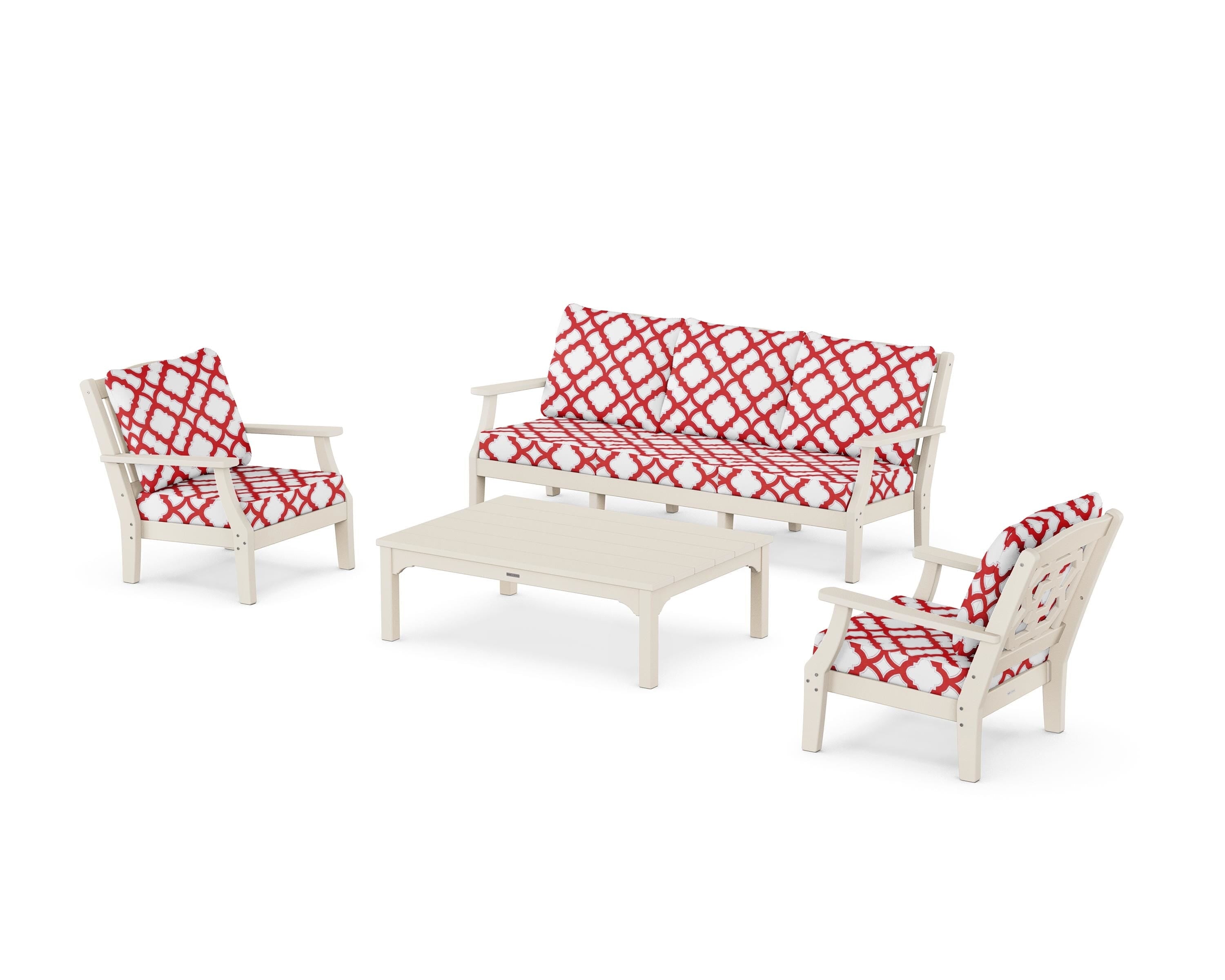 Martha Stewart by POLYWOOD® Chinoiserie 4-Piece Deep Seating Set with Sofa in Sand / Trellis Crimson