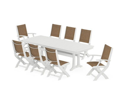 POLYWOOD® Coastal Folding 9-Piece Dining Set with Trestle Legs in White / Burlap Sling