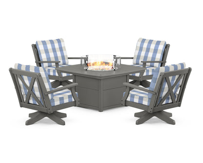 POLYWOOD® Braxton 5-Piece Deep Seating Swivel Conversation Set with Fire Pit Table in Slate Grey / Buffalo Plaid Sky Blue