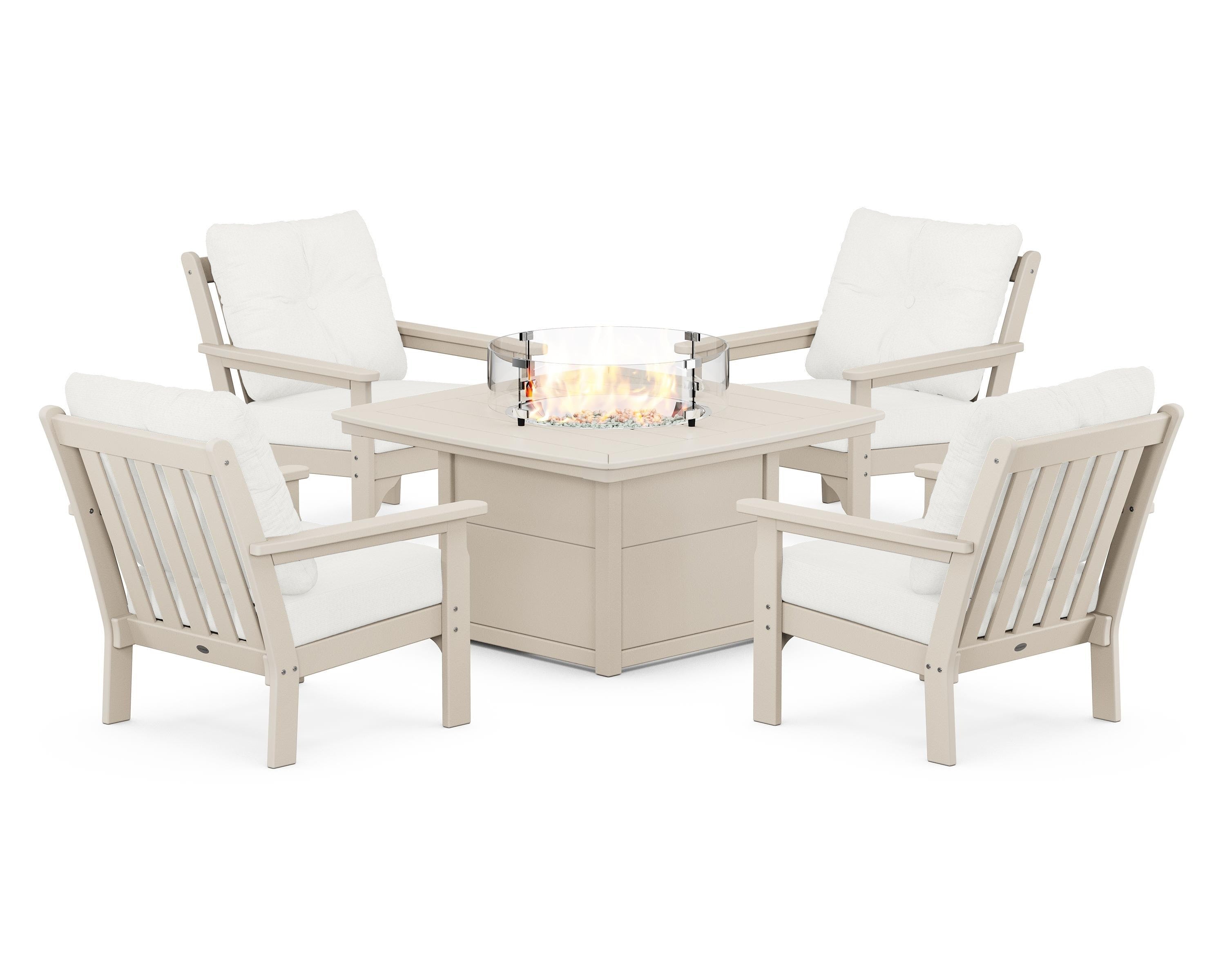 POLYWOOD® Vineyard 5-Piece Conversation Set with Fire Pit Table in Sand / Natural Linen