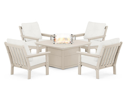 POLYWOOD® Vineyard 5-Piece Conversation Set with Fire Pit Table in Sand / Natural Linen