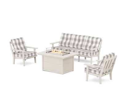 POLYWOOD® Oxford Deep Seating Fire Pit Table Set in Sand / Buffalo Plaid Grey Mist