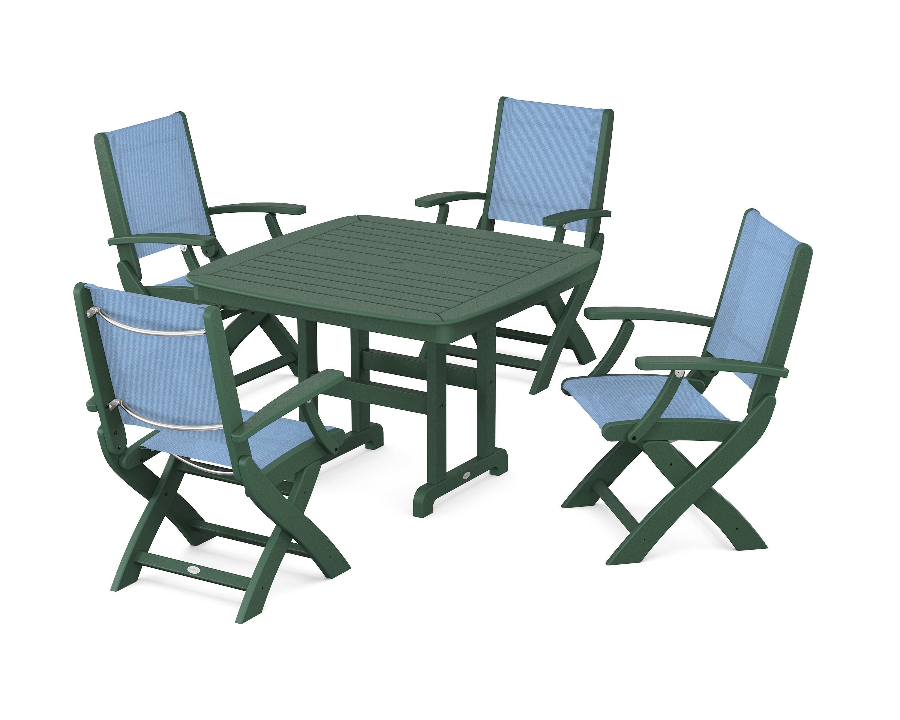 POLYWOOD® Coastal Folding Chair 5-Piece Dining Set in Green / Poolside Sling