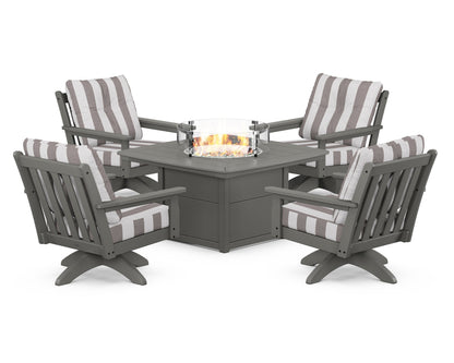 POLYWOOD® Vineyard 5-Piece Deep Seating Swivel Conversation Set with Fire Pit Table in Slate Grey / Cabana Stripe Grey Mist