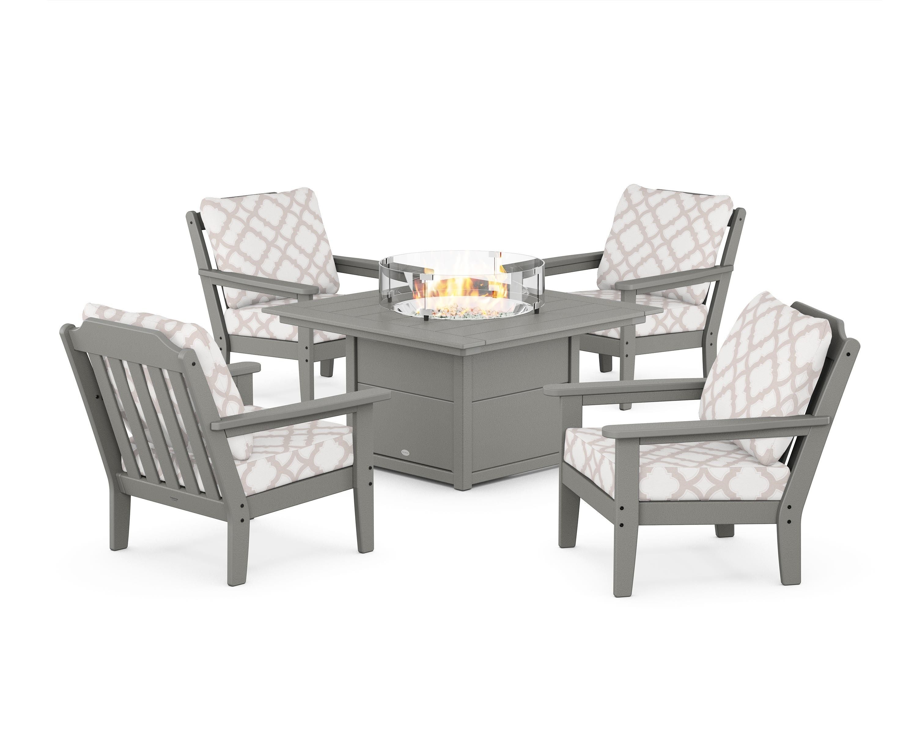 Country Living Cottage 5-Piece Deep Seating Set with Fire Pit Table in Slate Grey / Trellis Dune Burlap