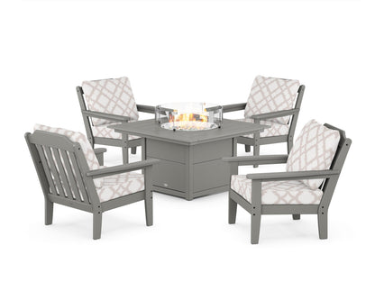 Country Living Cottage 5-Piece Deep Seating Set with Fire Pit Table in Slate Grey / Trellis Dune Burlap